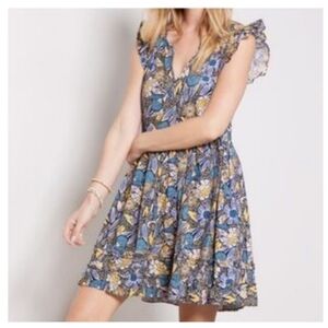 Evereve Floral Mini Dress Blue Yellow Ruffle Sleeves V Neck Size XS